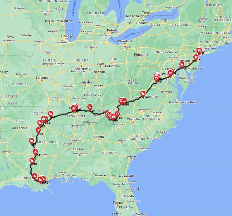 USA RV route planner New York to New Orleans motorhome trip plan